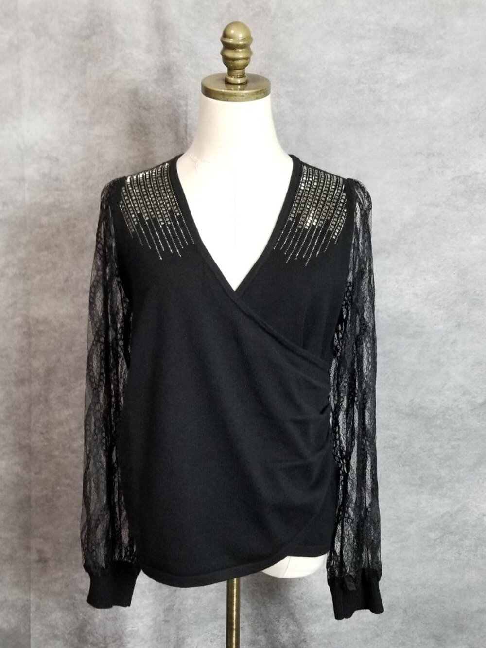 Nancy Yang Night Out Sweater Size XL Black Gothic Glam Rhinestones Lace Sleeves